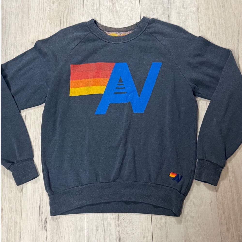 Aviator Nation Sweatshirt Womens XS Charcoal Gray Retro Rainbow Raglan Pullover